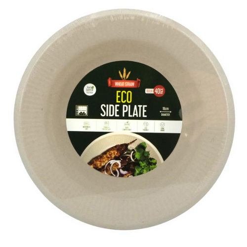 Eco-Friendly Wheat Straw Disposable Side Plates - 18cm Dia - 40pk