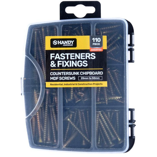 Fasteners & Fixings in Storage Case Countersunk Chipboard MDF Screws Assorted Sizes 110pc